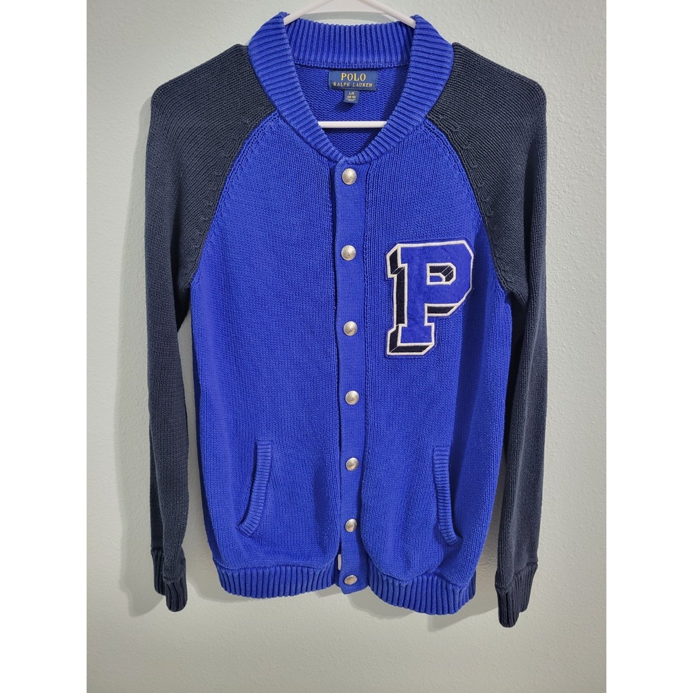 Polo Medium Vintage Boyfriend Cardigan Button Up Sweater M Blue Black Logo 8 10
